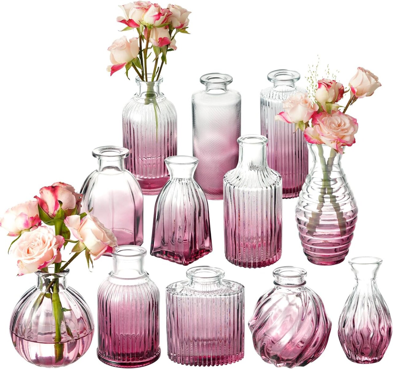 Set of 12 Small Glass Bud Vases Ribbed Modern Vintage Flower Vases